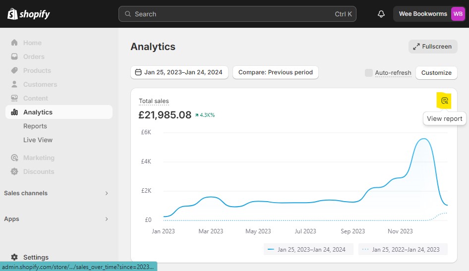 Shopify Analytics, view report option on total sales.