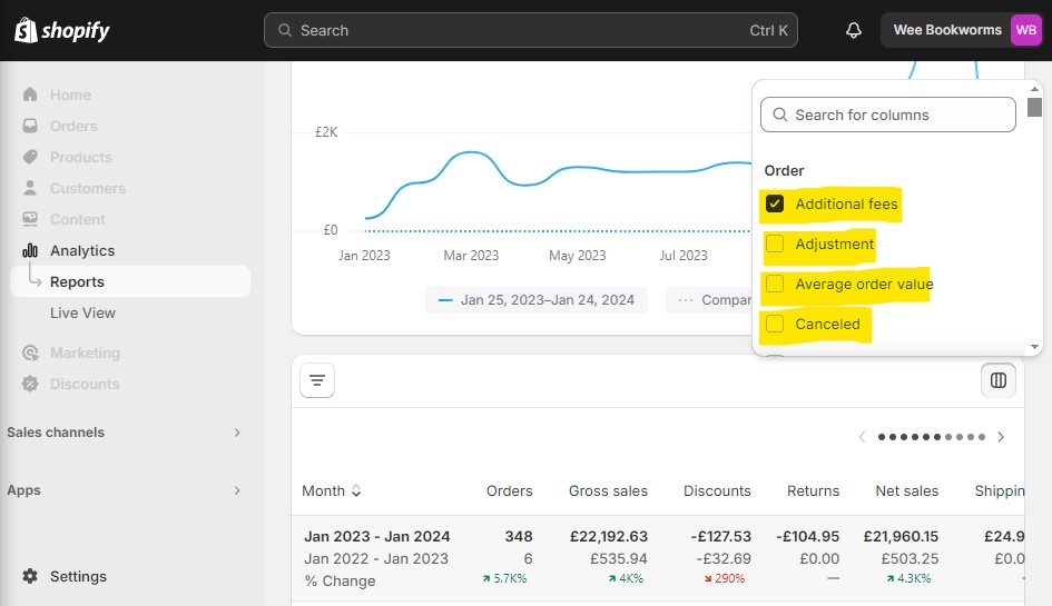 The shopify report with the option to add/remove columns