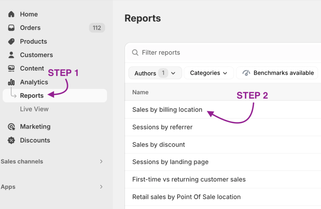 How to access shopify sales by billing location report