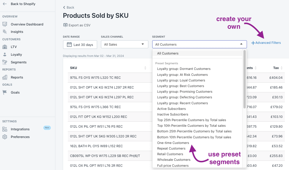 Use of segments in Products Sold by SKU on By the Numbers