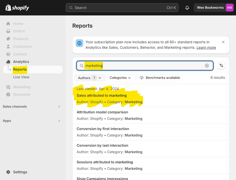 Shopify Reports section, search set to marketing
