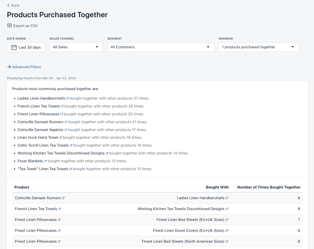 Products Purchased Together Report BtN