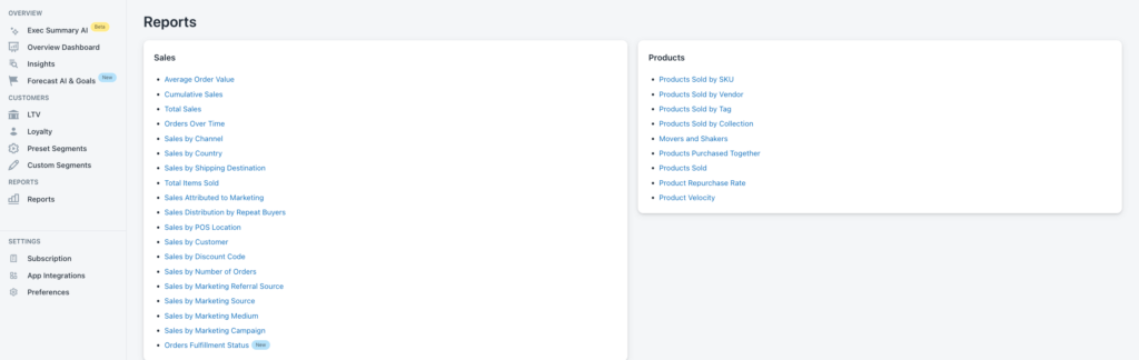 shopify sales report by collection